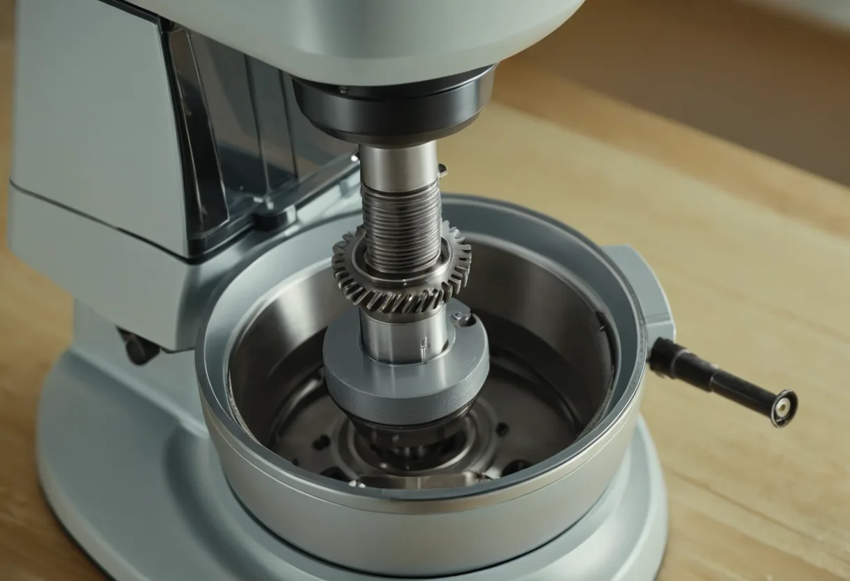 Eine geöffnete Küchenmaschine mit Antriebswelle auf einer Werkbank für Küchenmaschinen