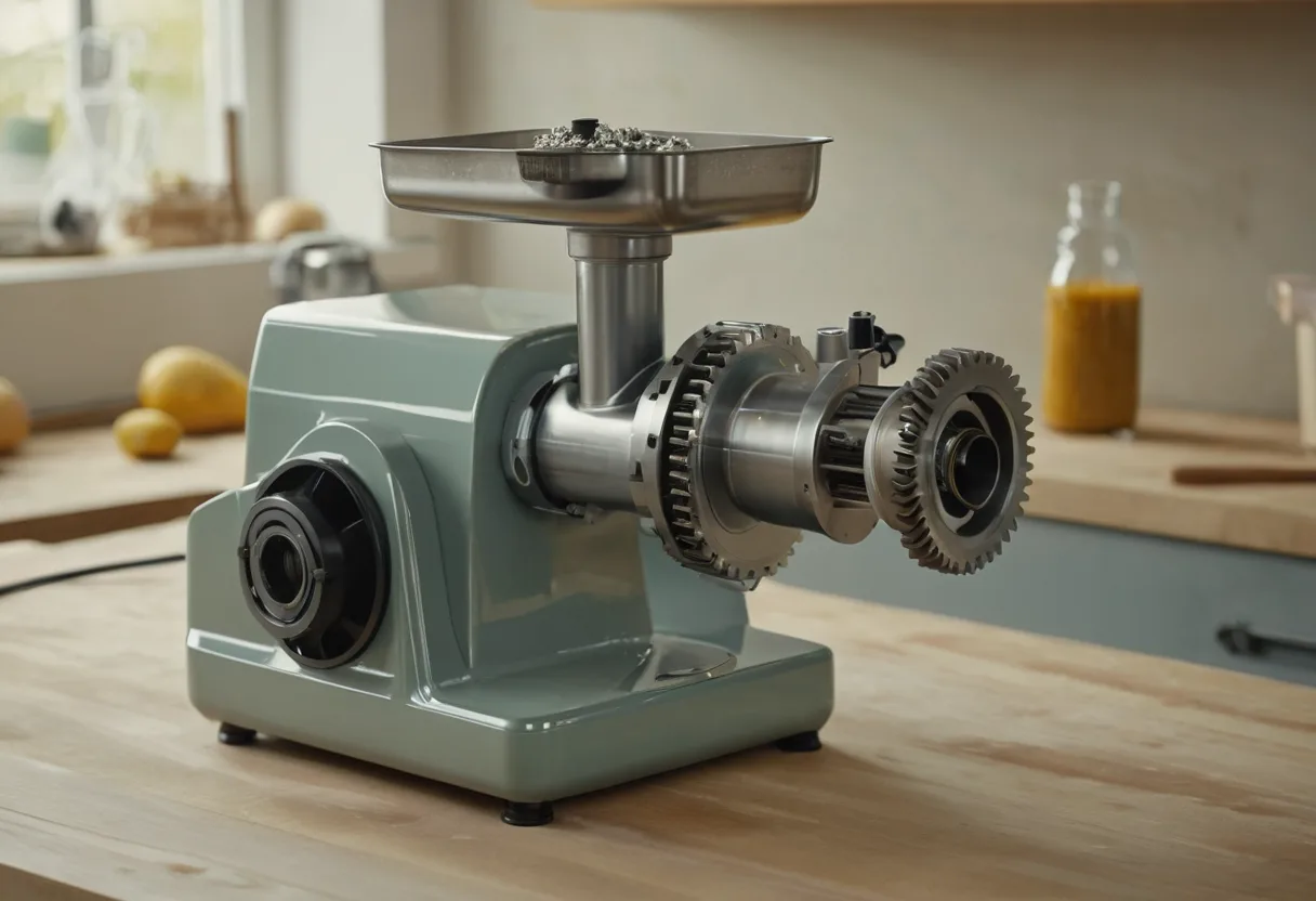 Eine geöffnete Küchenmaschine mit Antriebswelle auf einer Werkbank für Küchenmaschinen