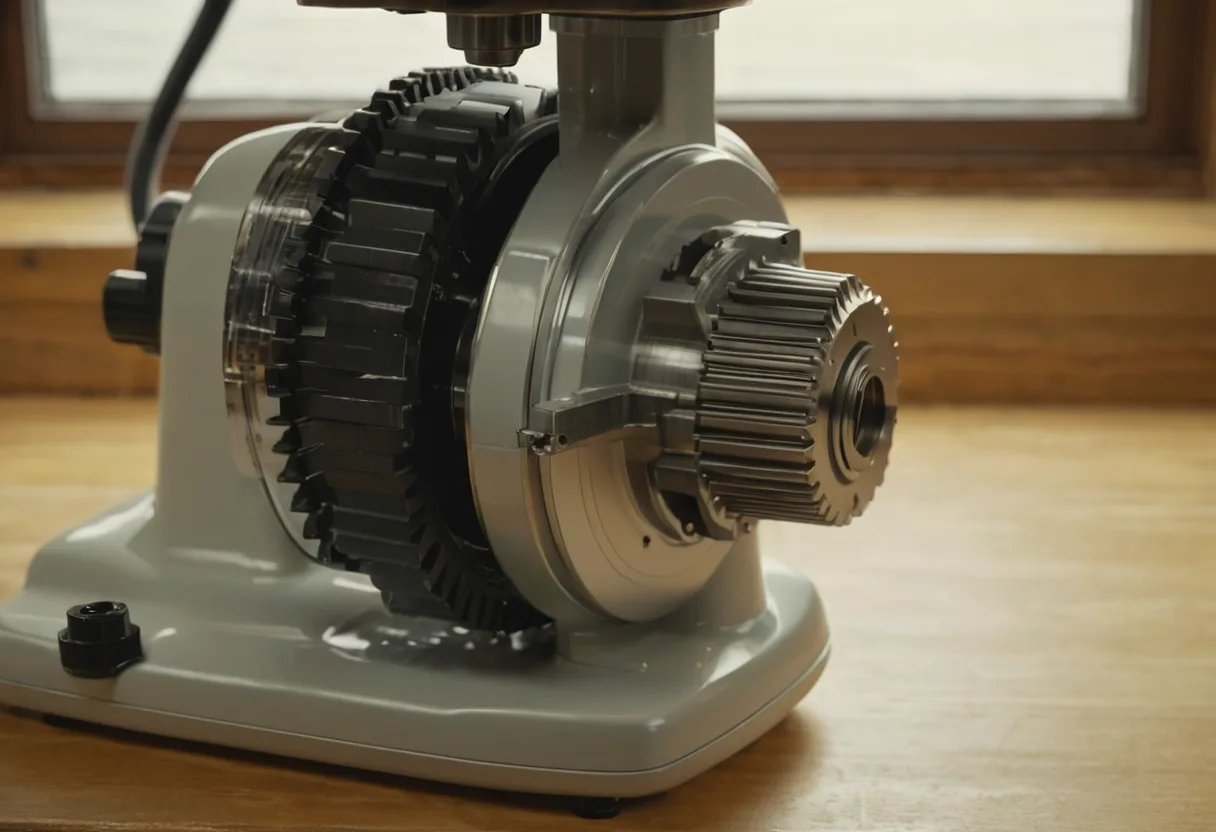 Eine geöffnete Küchenmaschine mit Antriebswelle auf einer Werkbank für Küchenmaschinen