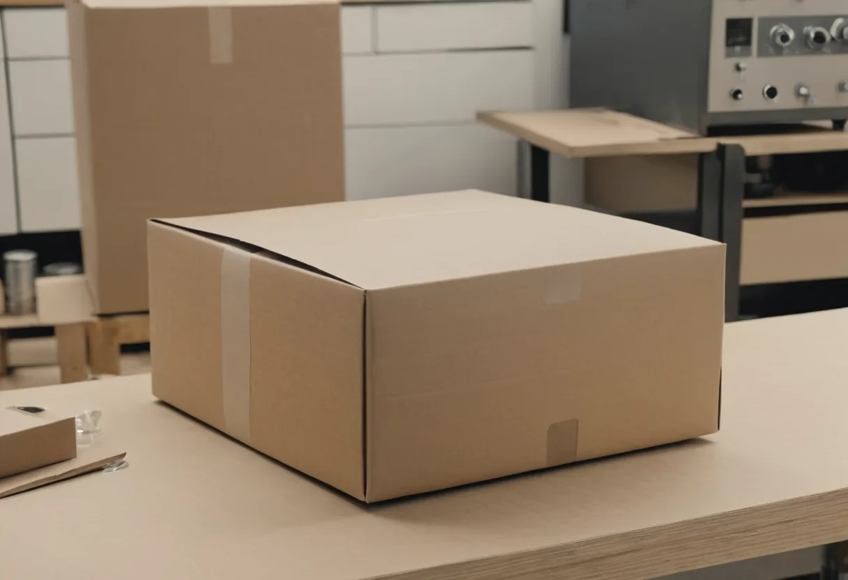 Ein gepolsterter Versandkarton beim Packen auf einer Werkbank für Küchenmaschinen