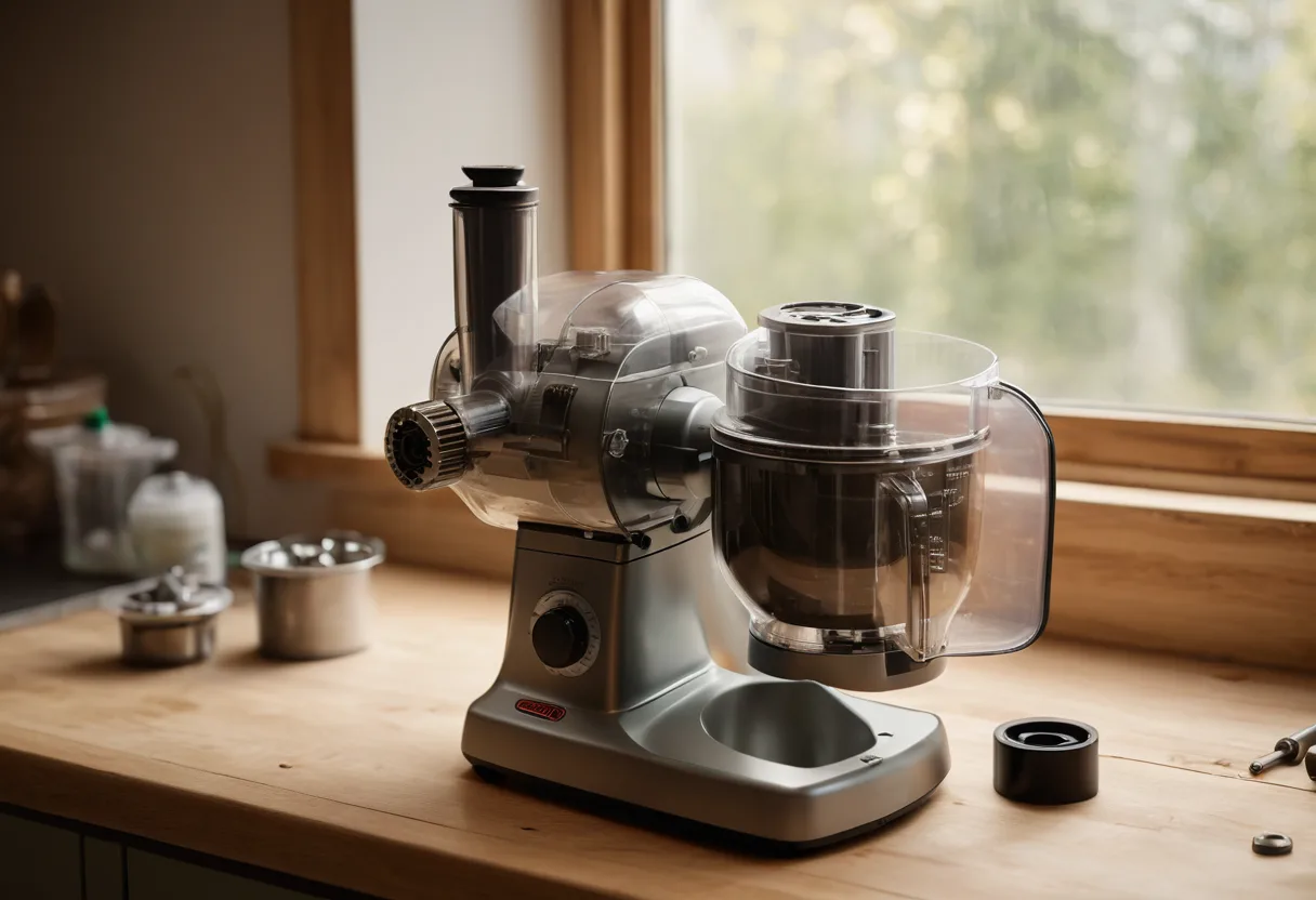Eine geöffnete Küchenmaschine mit Antriebswelle auf einer Werkbank für Küchenmaschinen