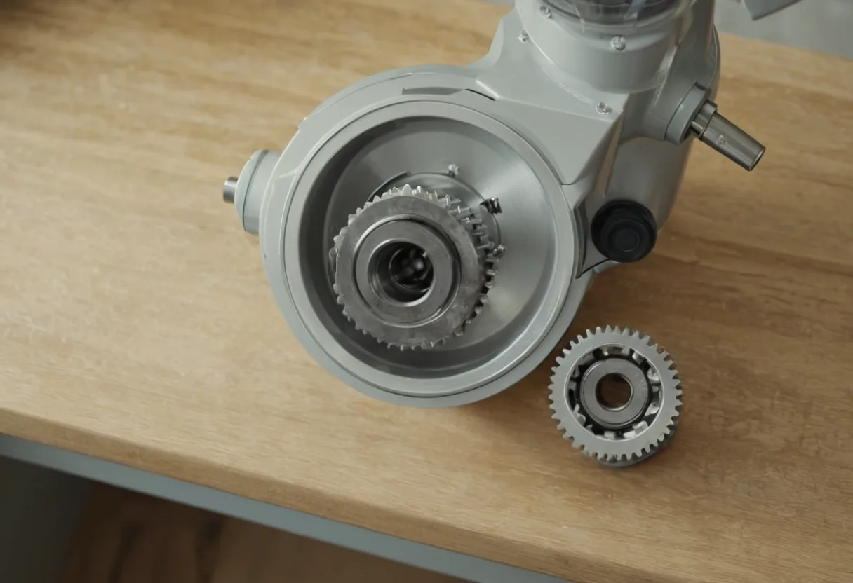 Eine geöffnete Küchenmaschine mit Antriebswelle auf einer Werkbank für Küchenmaschinen