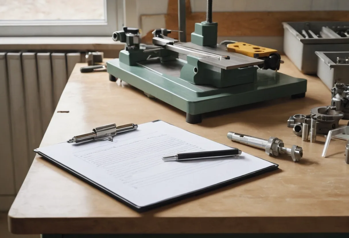 Ein Gerät auf der Werkbank neben einem leeren Formular auf einer Werkbank für Küchenmaschinen