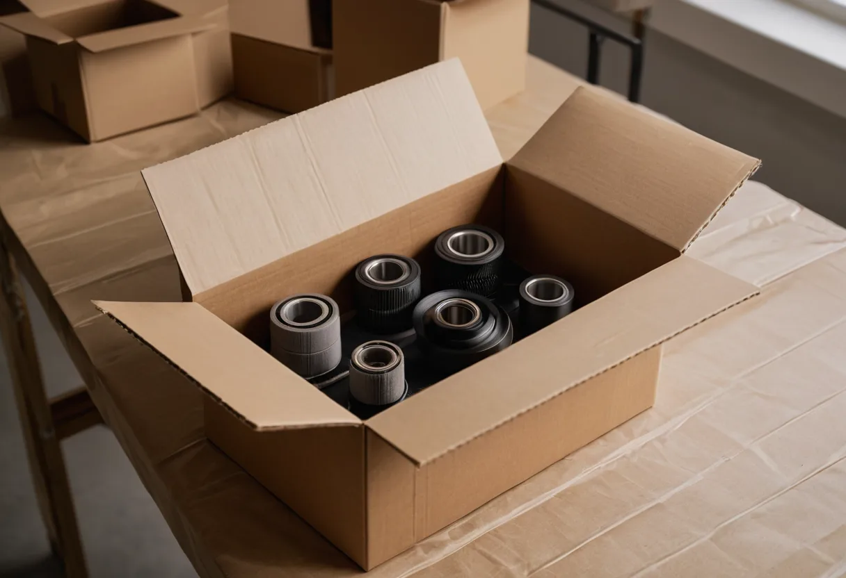 Ein gepolsterter Versandkarton beim Packen auf einer Werkbank für Küchenmaschinen
