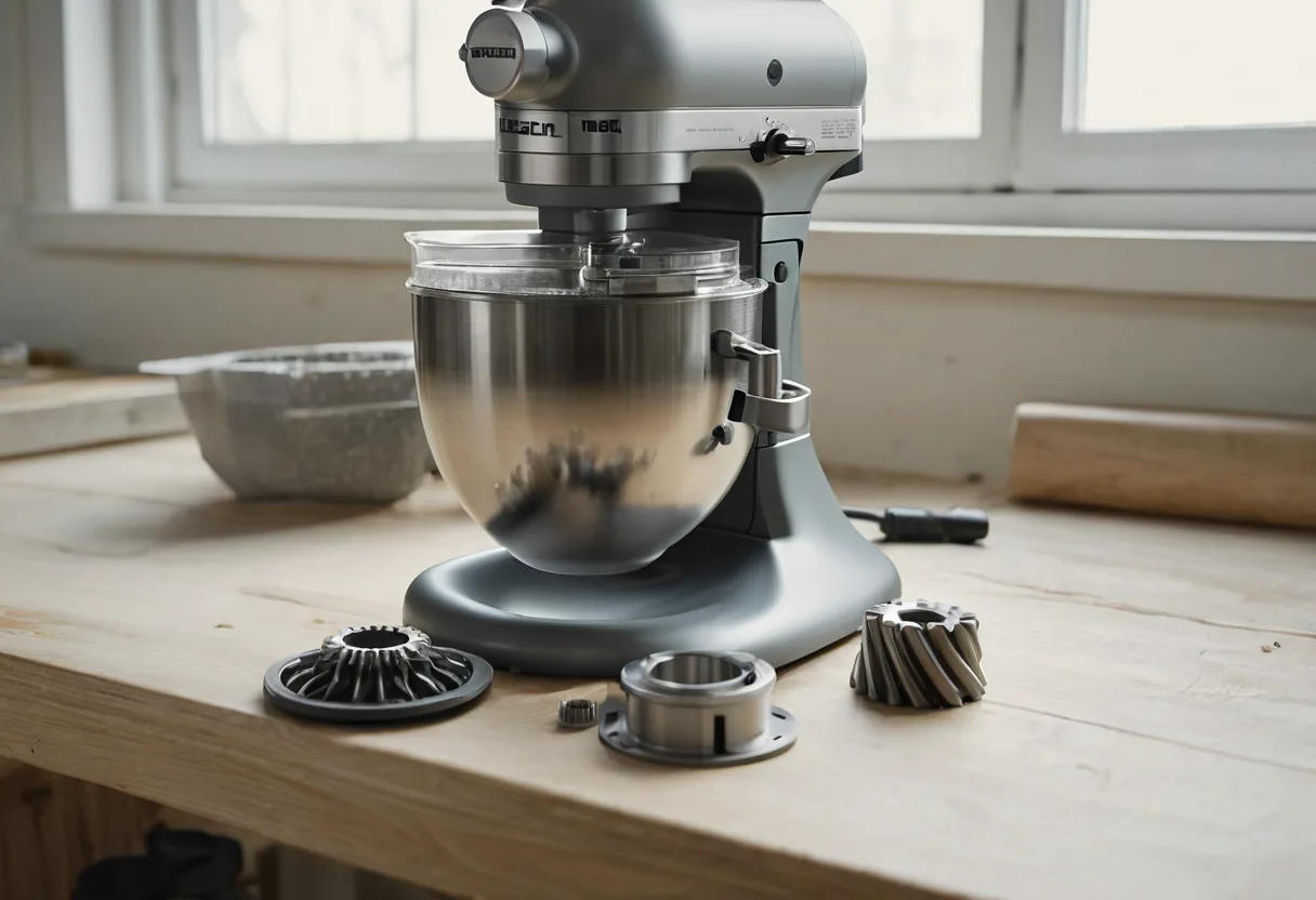 Eine geöffnete Küchenmaschine mit Antriebswelle auf einer Werkbank für Küchenmaschinen