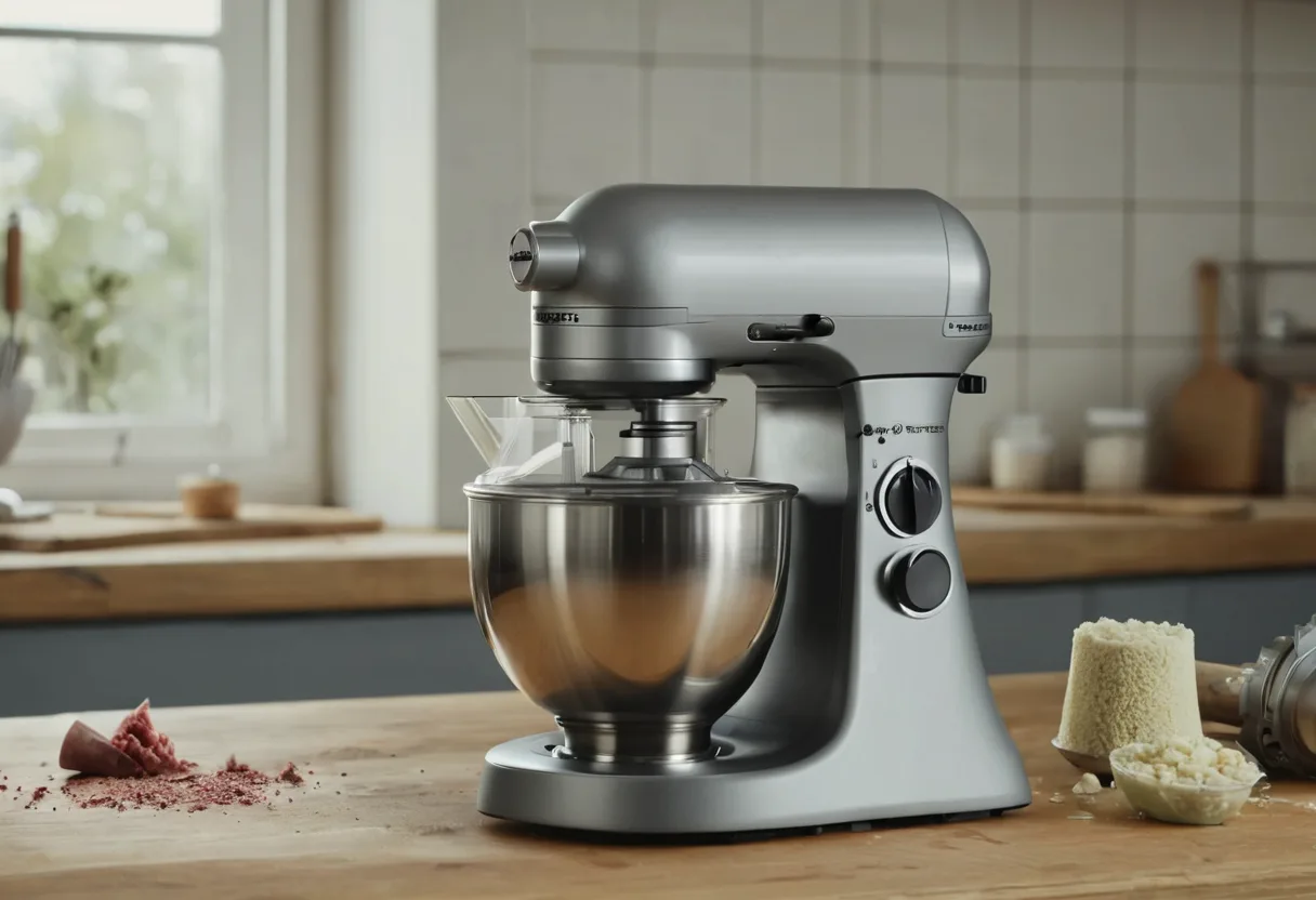 Eine geöffnete Küchenmaschine mit Antriebswelle auf einer Werkbank für Küchenmaschinen