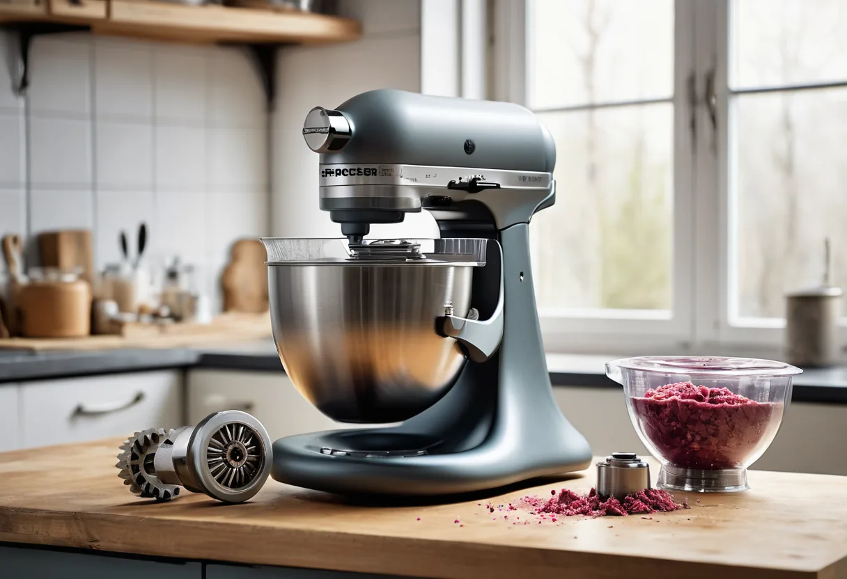 Eine geöffnete Küchenmaschine mit Antriebswelle auf einer Werkbank für Küchenmaschinen