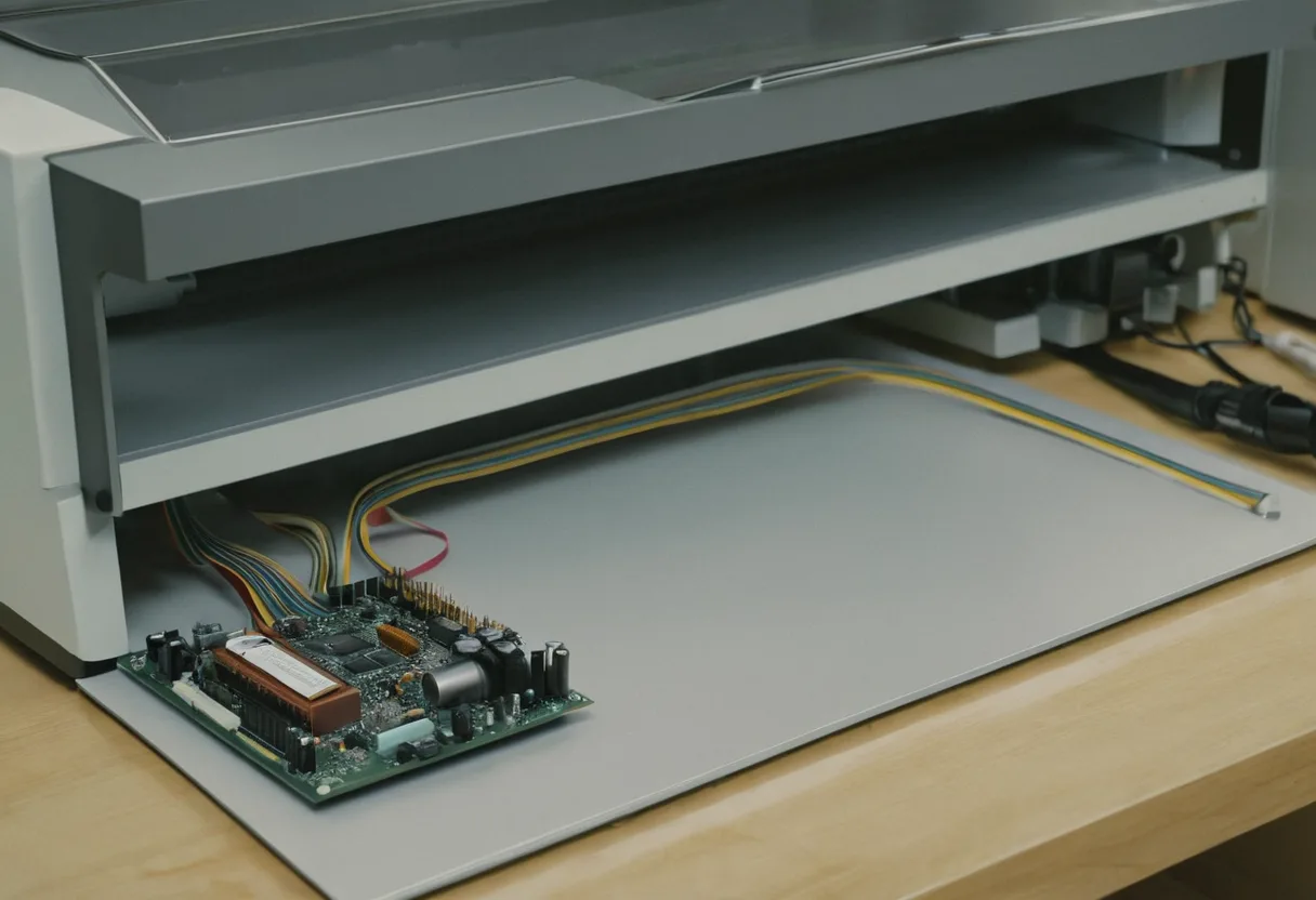Ein ausgebautes Display mit freiliegendem Flachbandkabel auf einer Werkbank für Küchenmaschinen