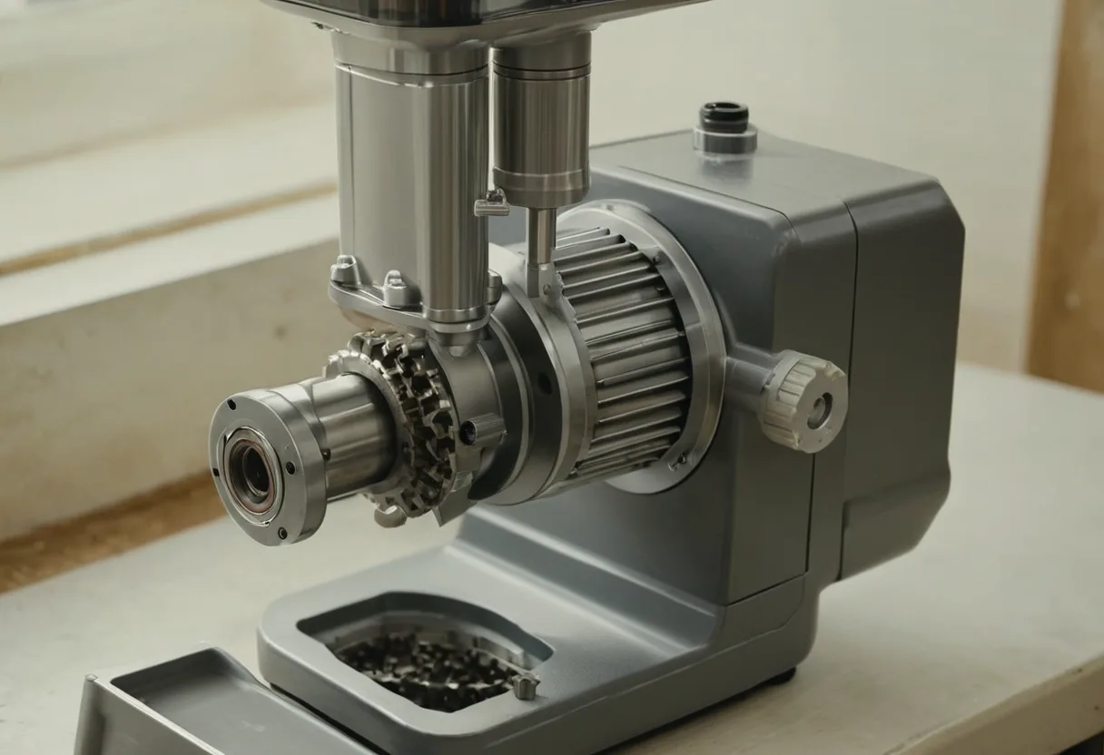 Eine geöffnete Küchenmaschine mit Antriebswelle auf einer Werkbank für Küchenmaschinen