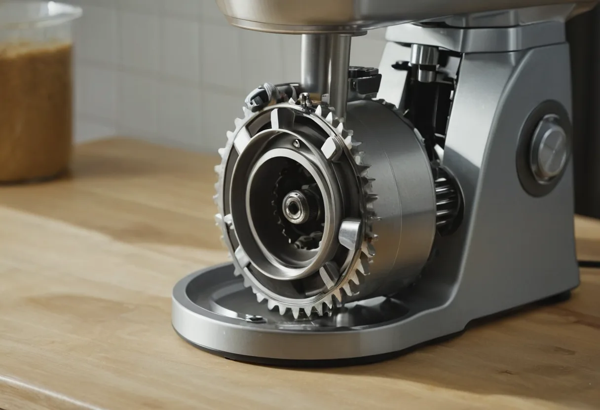 Eine geöffnete Küchenmaschine mit Antriebswelle auf einer Werkbank für Küchenmaschinen