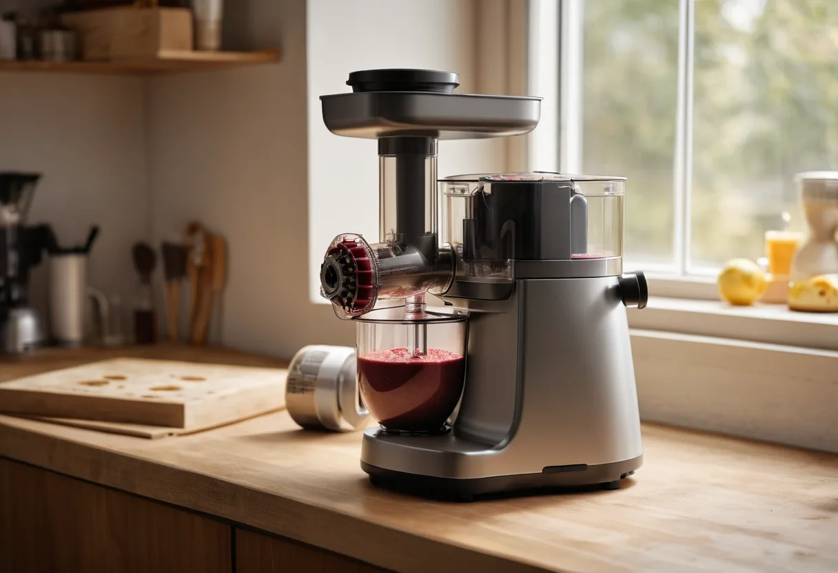 Eine geöffnete Küchenmaschine mit Antriebswelle auf einer Werkbank für Küchenmaschinen