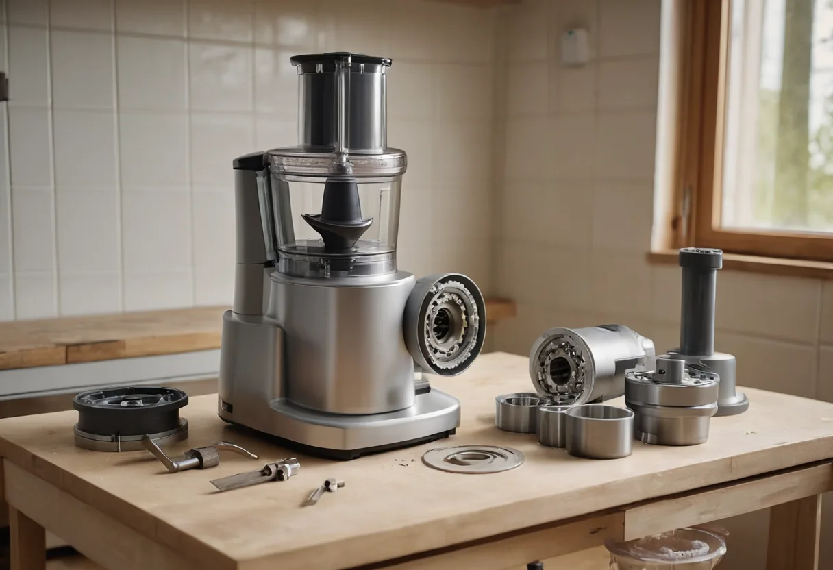 Eine geöffnete Küchenmaschine mit Antriebswelle auf einer Werkbank für Küchenmaschinen