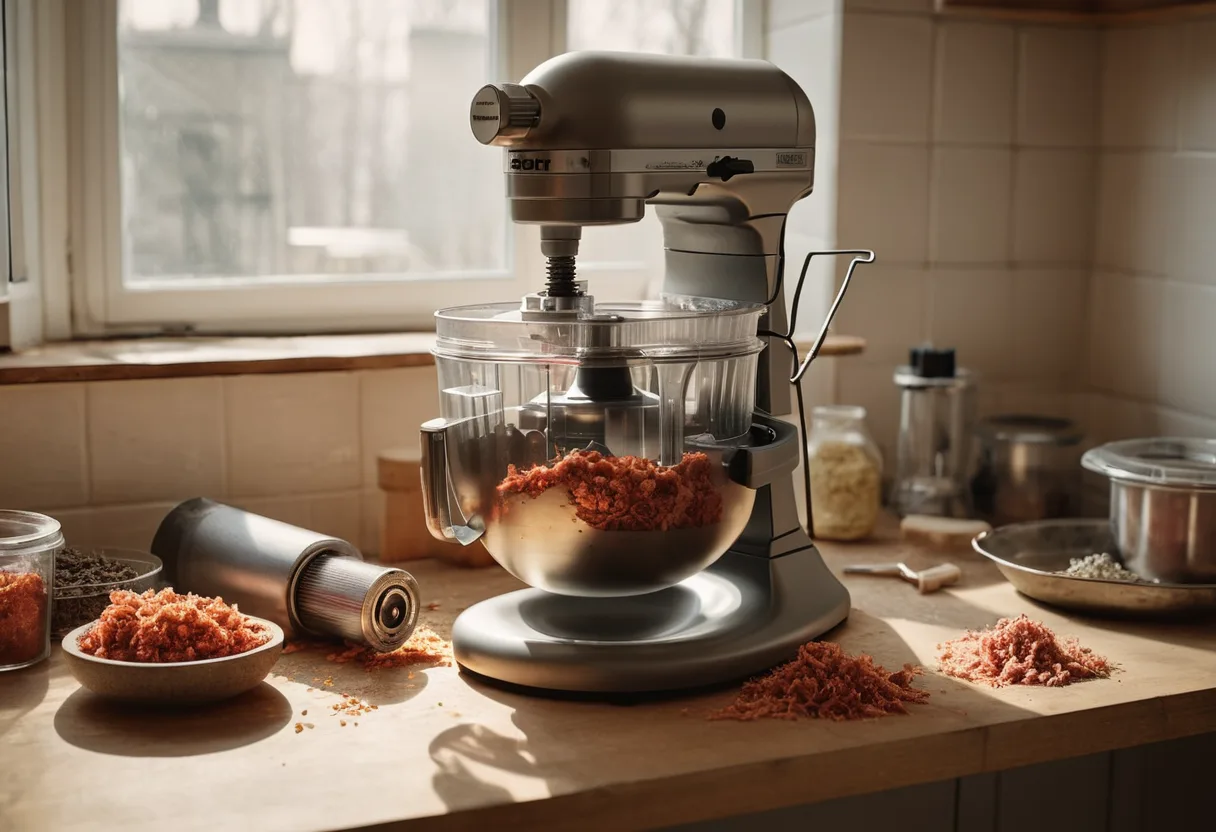 Eine geöffnete Küchenmaschine mit Antriebswelle auf einer Werkbank für Küchenmaschinen