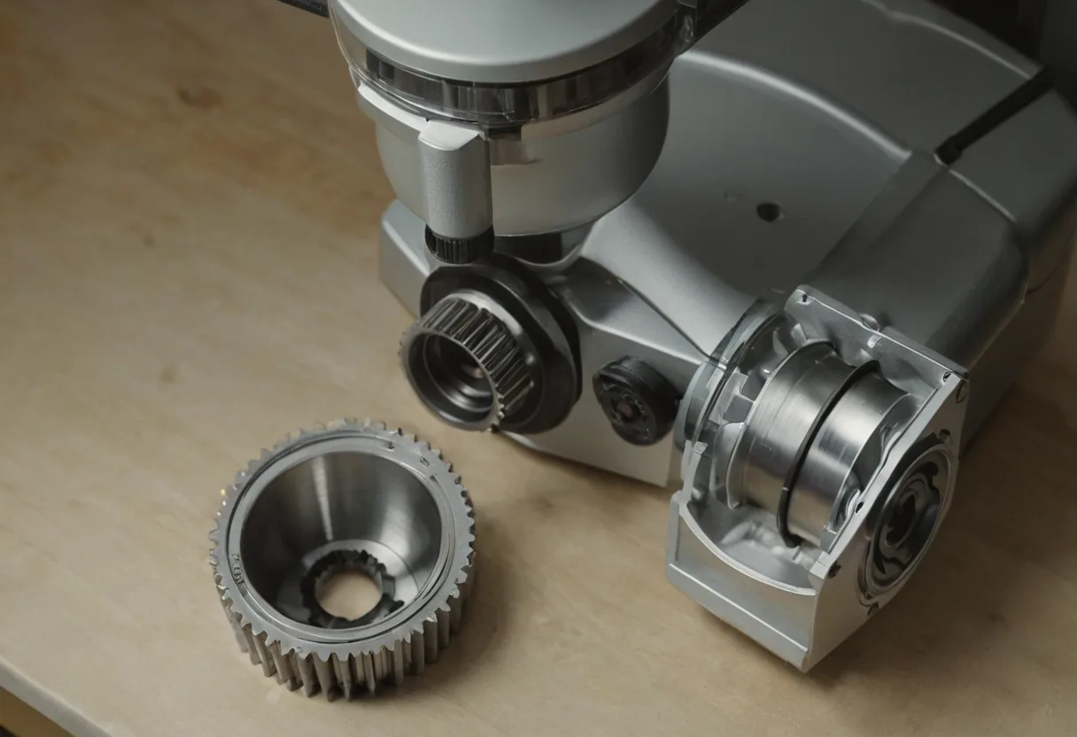 Eine geöffnete Küchenmaschine mit Antriebswelle auf einer Werkbank für Küchenmaschinen