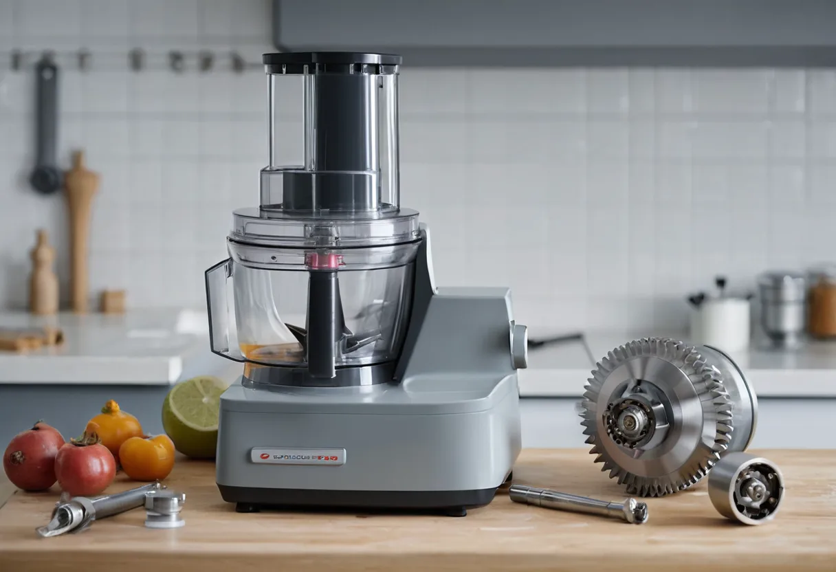 Eine geöffnete Küchenmaschine mit Antriebswelle auf einer Werkbank für Küchenmaschinen